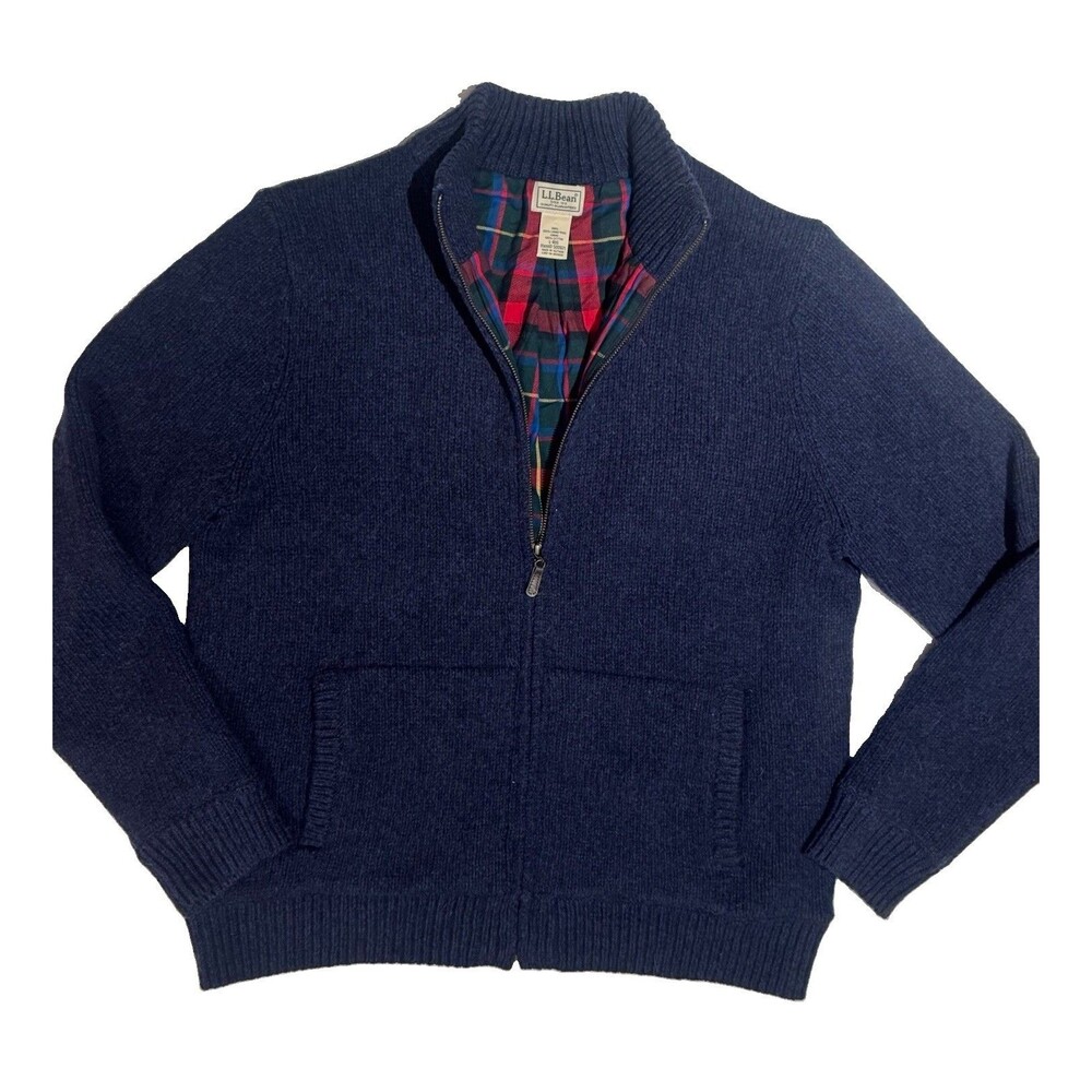 LL Bean Men’s Full Zip Sweater 100% Lambs’ Wool Lined Classic Ragg Navy Blue LG